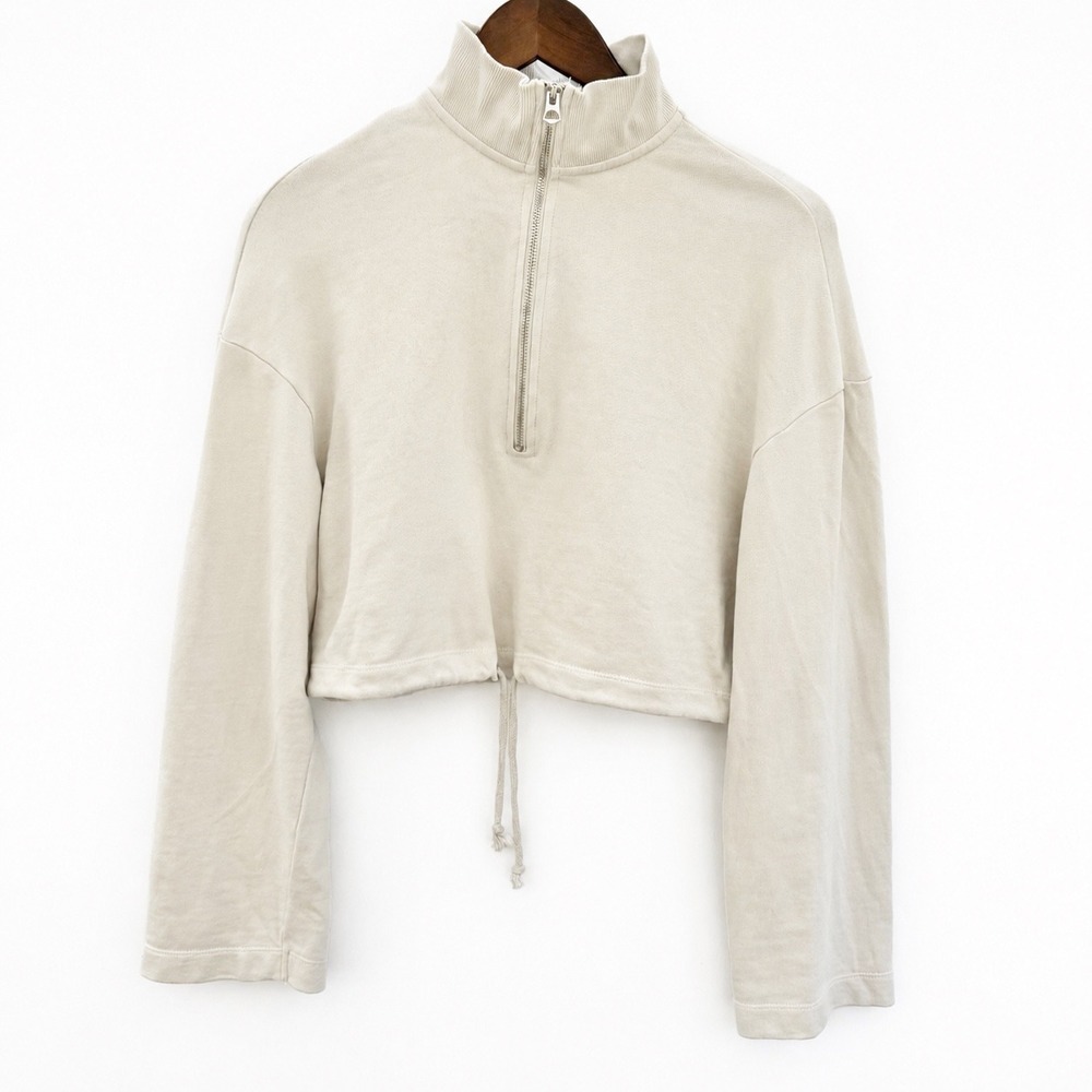 Dynamite Long Sleeve Crop Sweater Ivory Half Zip 100% Cotton & Terry Inside XS